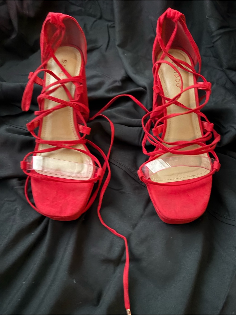 BAMBOO Red Lace-Up Strappy Heeled Sandals